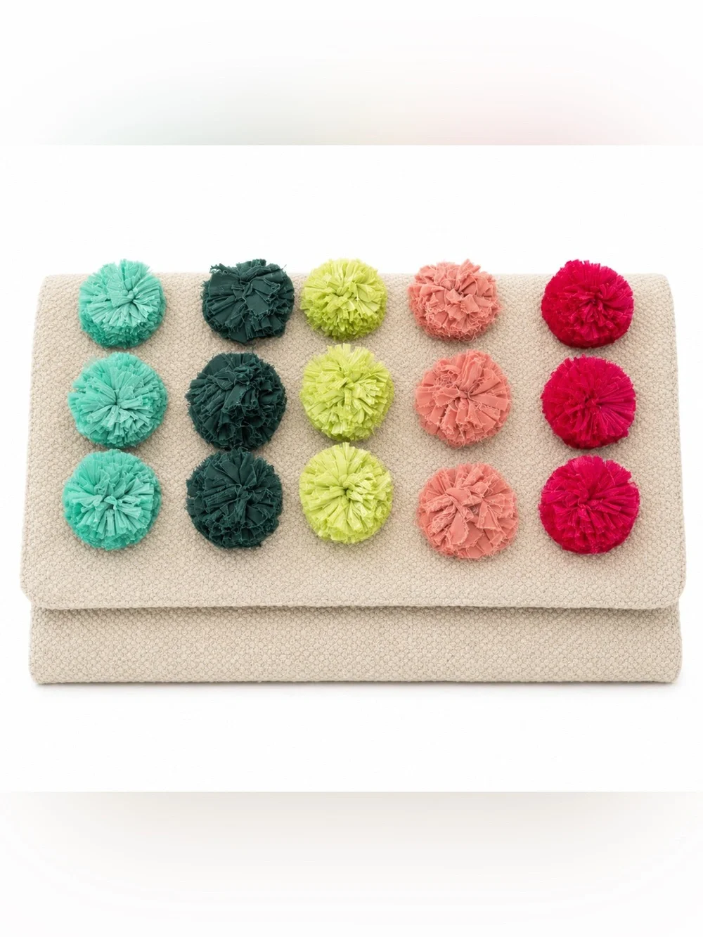 Stella & Dot Neutral Fold-Over Clutch with Multi Pom Poms